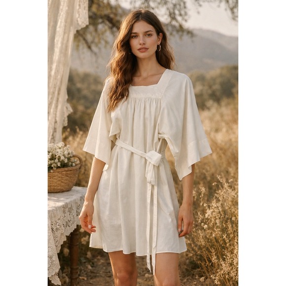 Doen Dresses & Skirts - Doen White Cotton Tie Waist Mini Dress Size S Boho Cottagecore